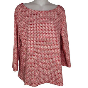 Talbots Top Tee Womens Large Printed 3/4 Sleeve Knit Bateau Neck T-Shirt Red